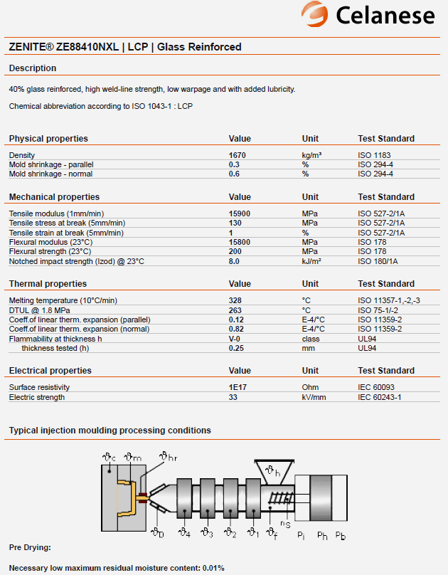 Celanese泰科纳Zenite? ZE88410NXL LCP原厂物性加工参数